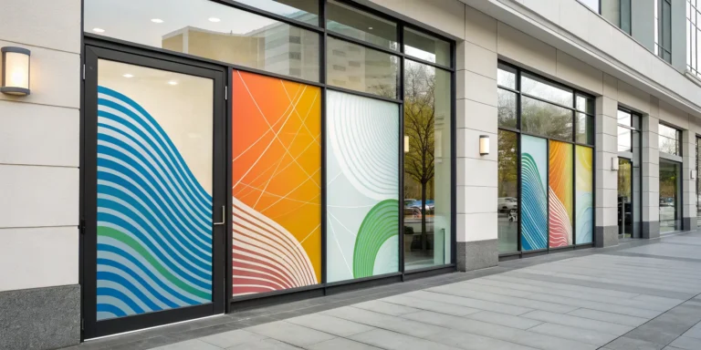 A modern storefront with bold and colorful window graphics.