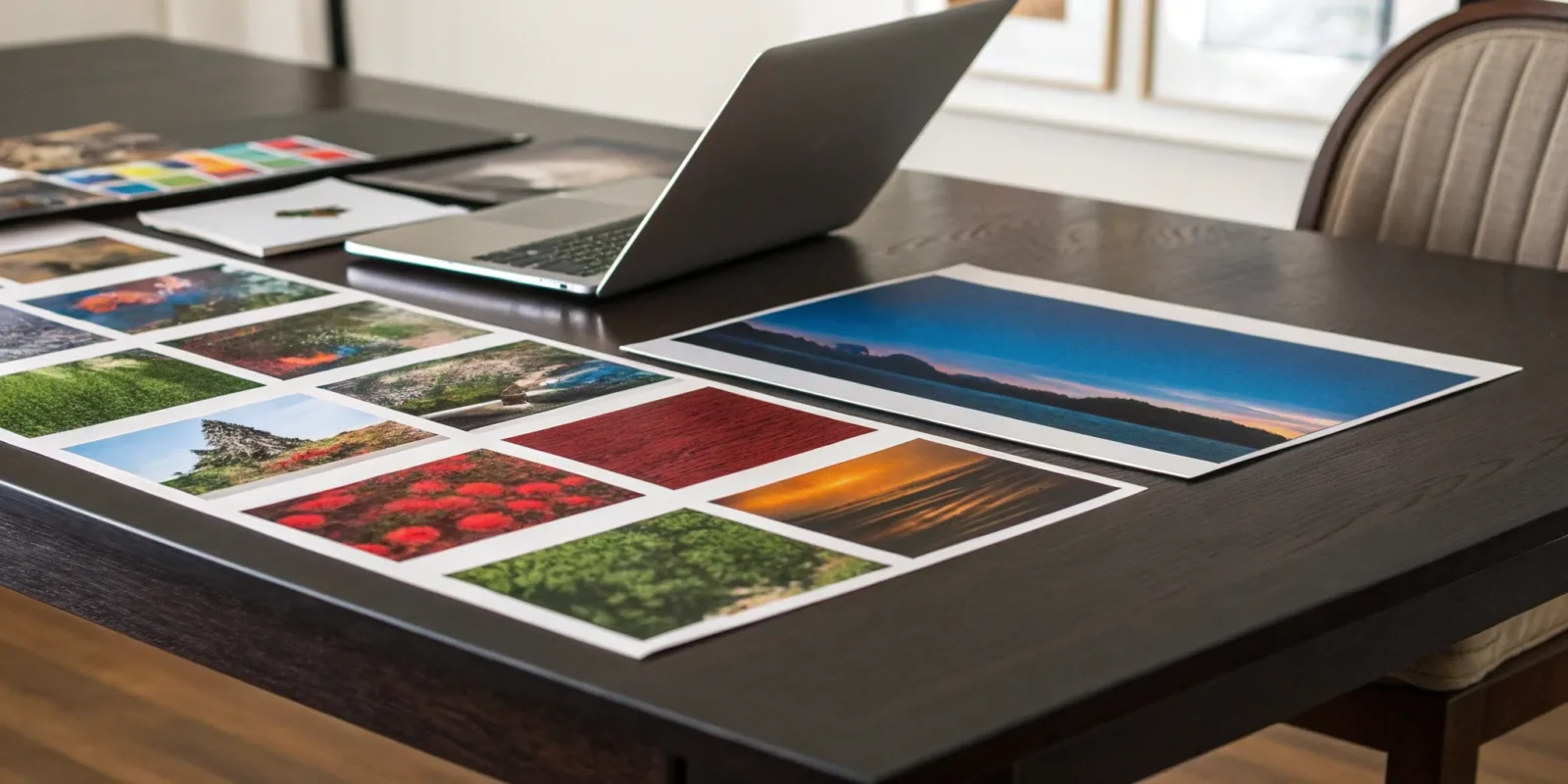 Various types of advertising collateral, both print and digital, displayed on a desk with a laptop.