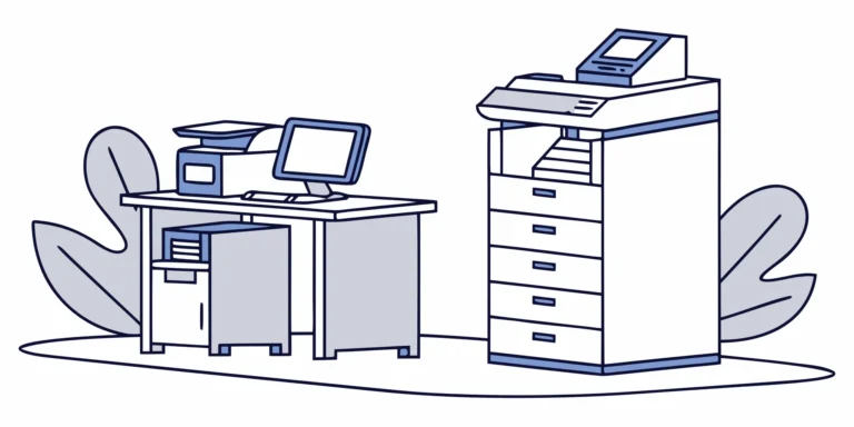 An office setup for designing and printing marketing collateral.