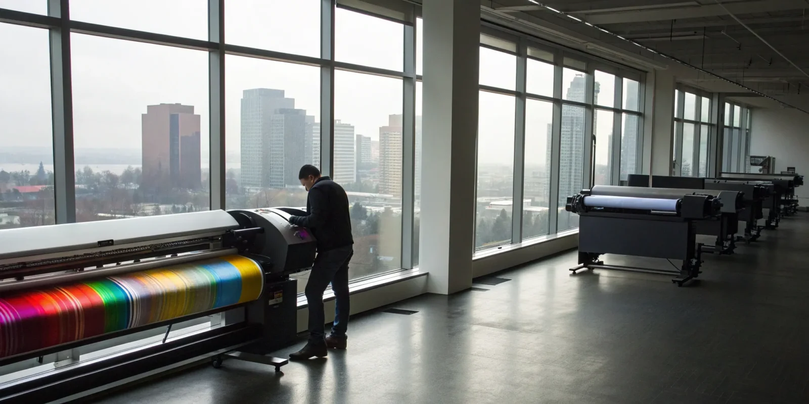 Large format print on demand machine in a modern fulfillment center.