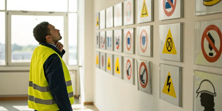 A worker reviews the nine OSHA pictograms on a safety chart to identify workplace hazards.