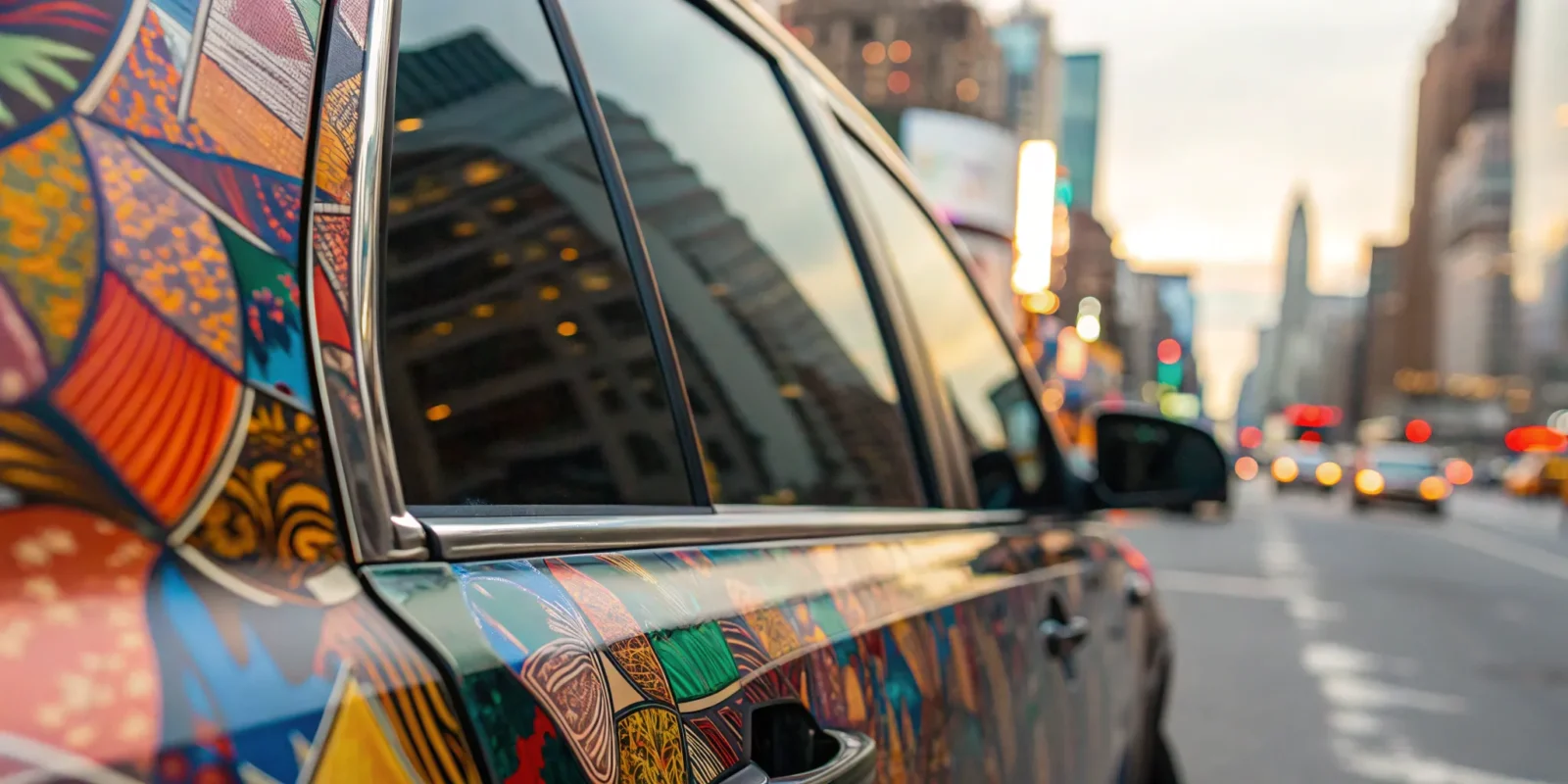 A close-up of a company vehicle with custom fleet graphics displaying its brand logo.