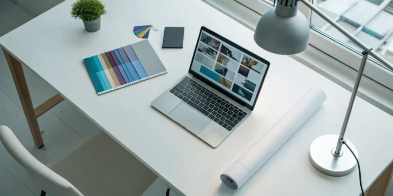 Planning trade show printing materials with a laptop and color swatches.