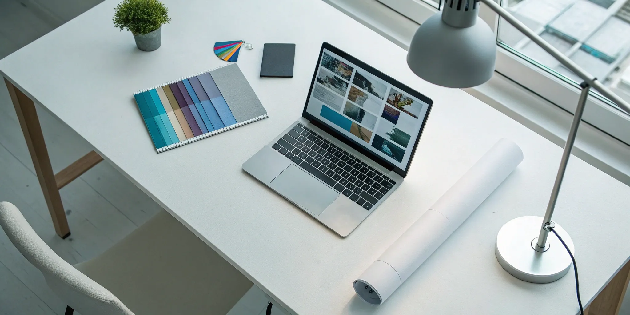 Planning trade show printing materials with a laptop and color swatches.