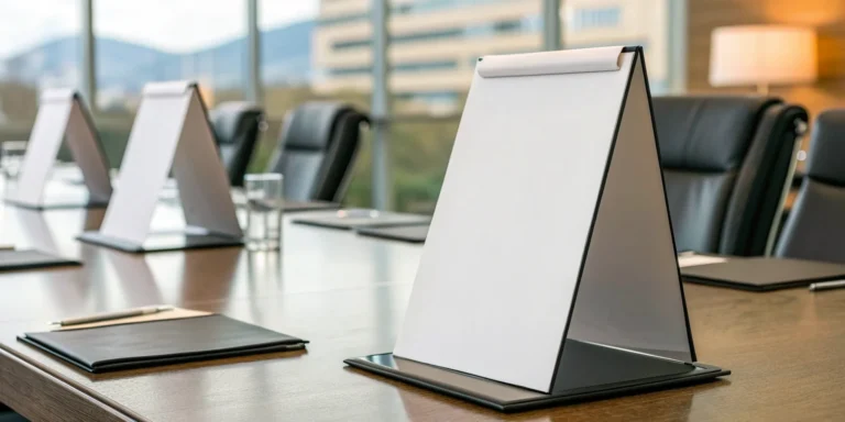 Custom marketing table tents arranged on a conference table for a business event.