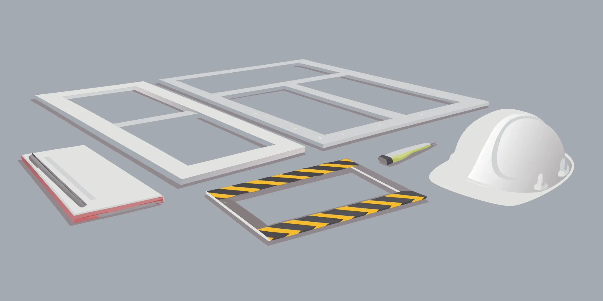 Construction sign board design materials and safety gear for a new project.