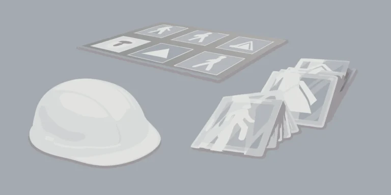 A collection of workplace safety signs, including warning and mandatory signs, with a hard hat.