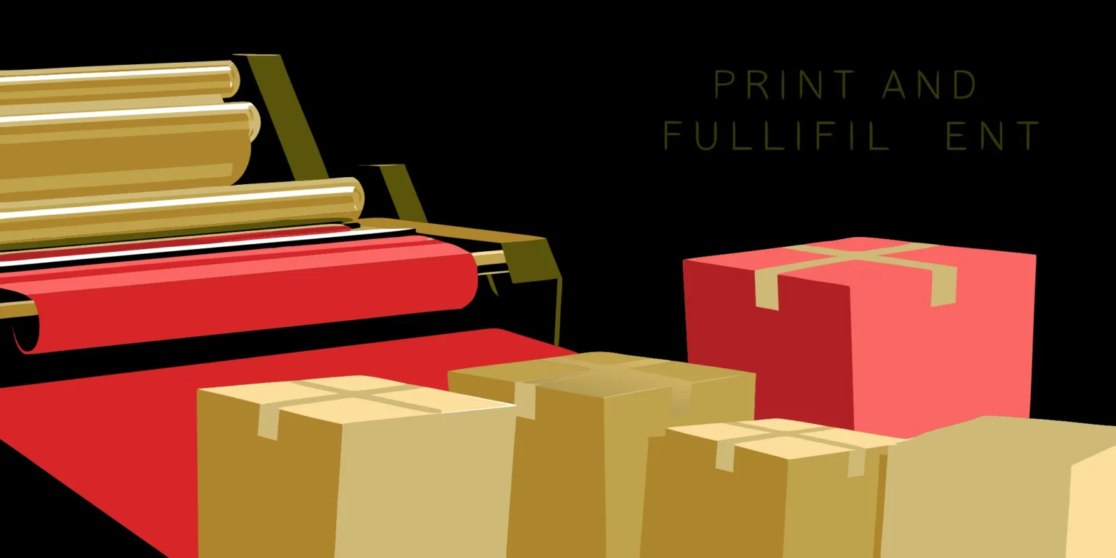 A printing machine and shipping boxes for a print and fulfillment service.