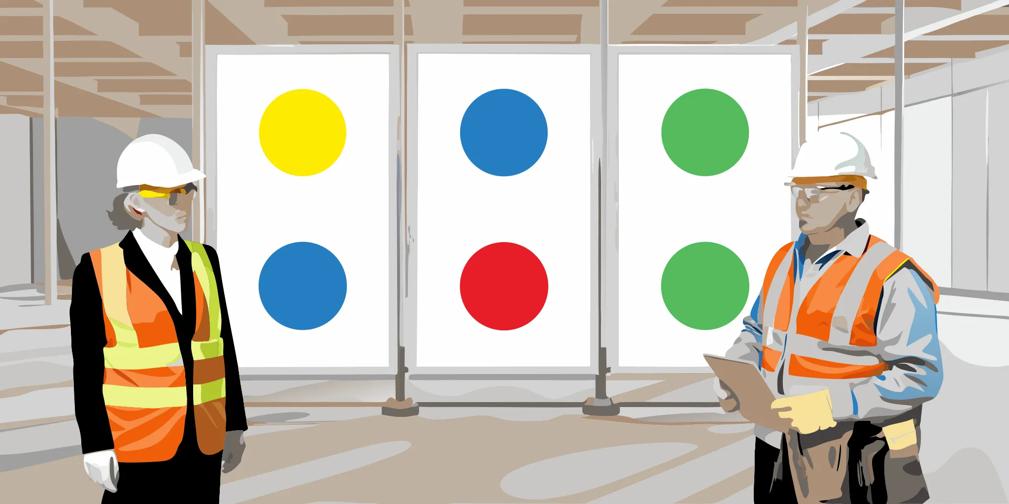 Workers in hard hats review construction site signage requirements.