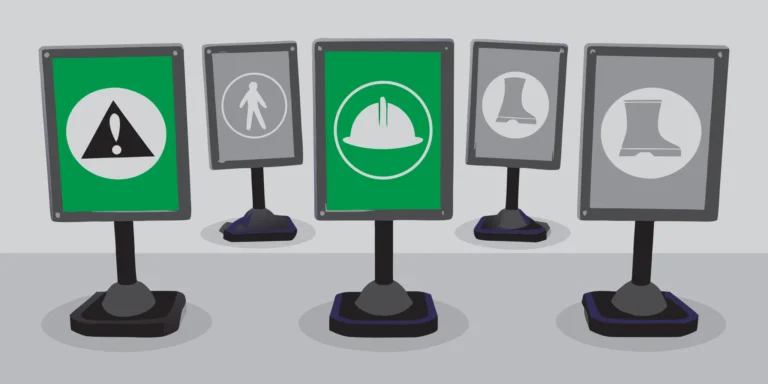 A collection of essential construction site signs for safety, warnings, and mandatory actions.