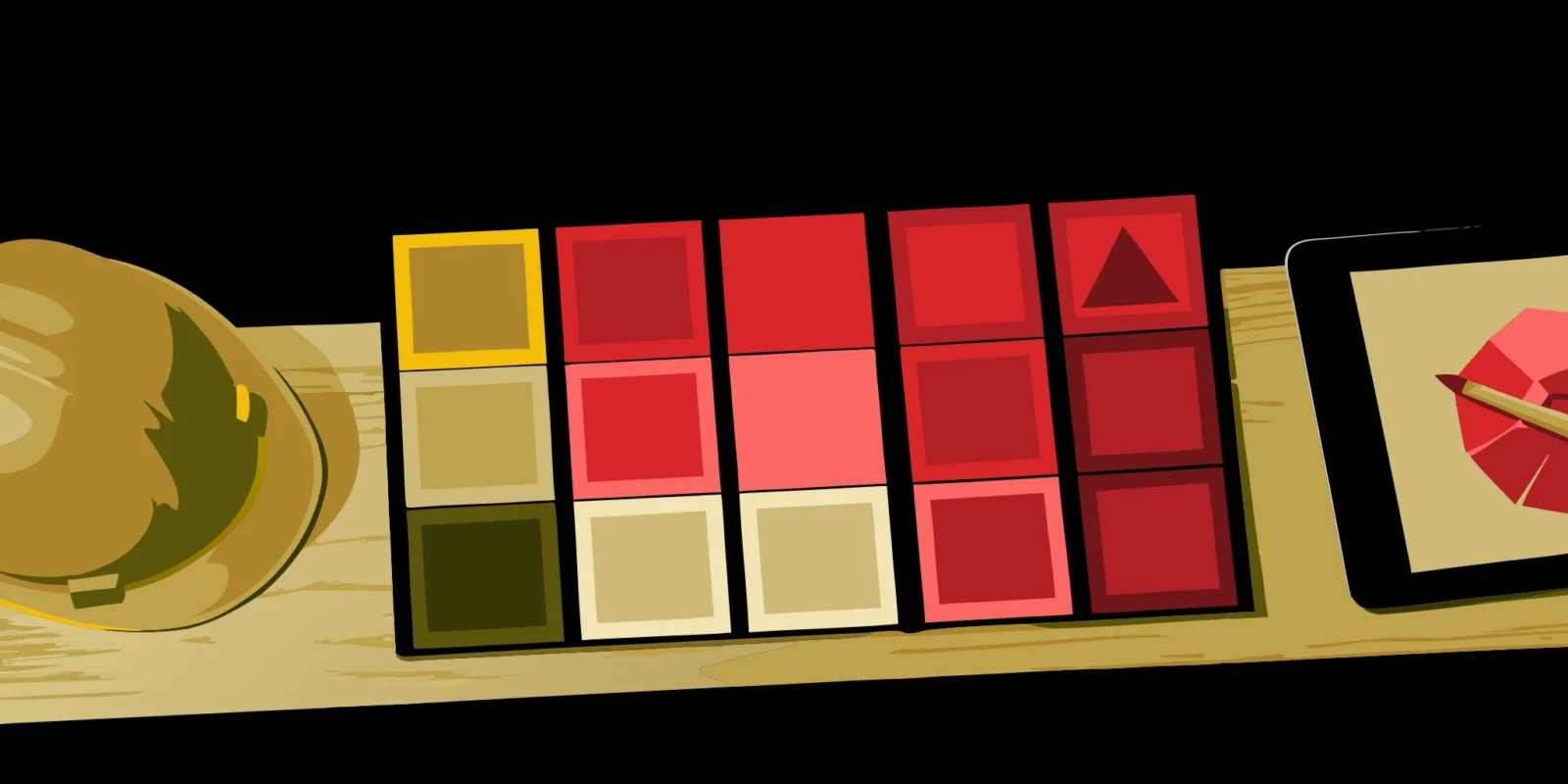 Color swatches and design tools on a workbench for planning custom construction signs.