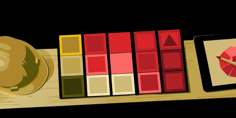 Color swatches and design tools on a workbench for planning custom construction signs.