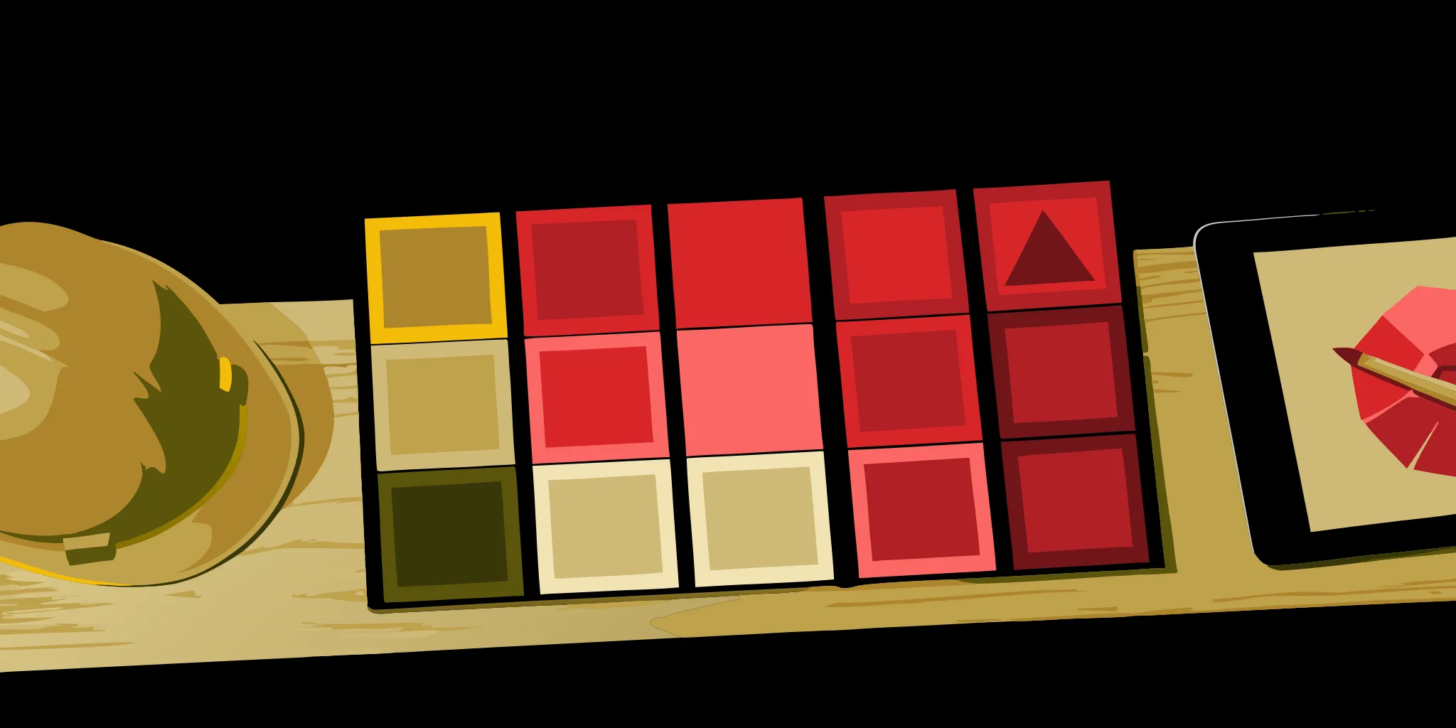 Color swatches and design tools on a workbench for planning custom construction signs.