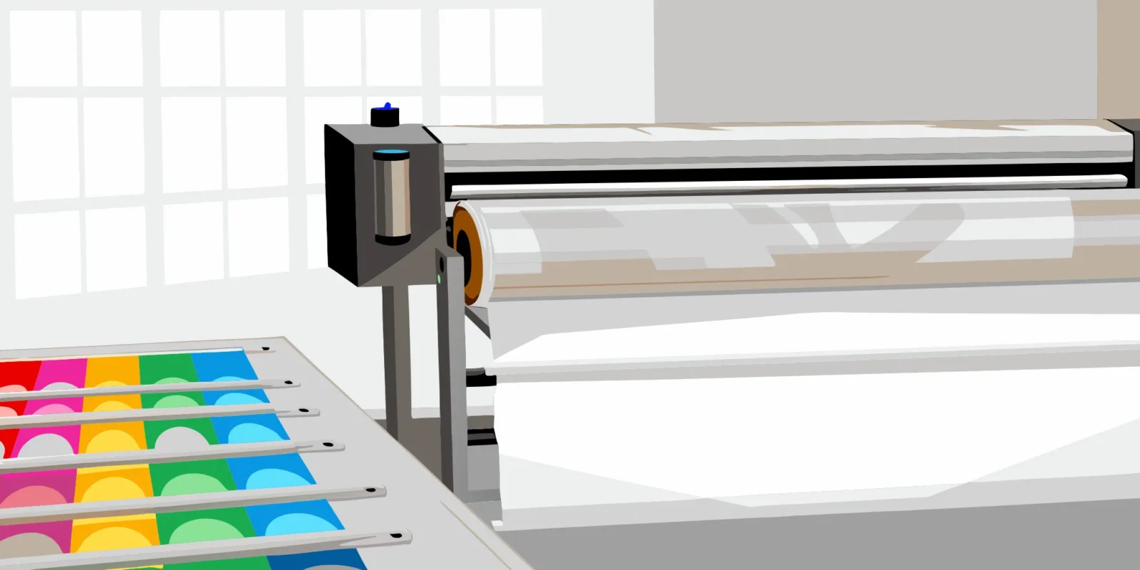 A commercial printing press producing sheets of colorful custom magnets.