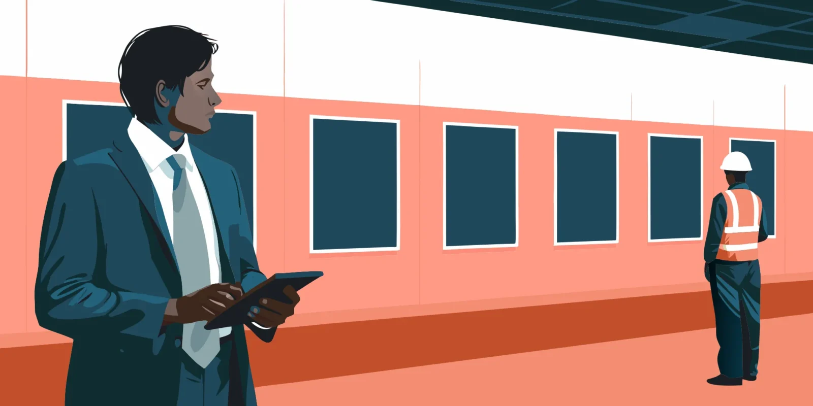 A manager and employee reviewing workplace OSHA signage requirements.