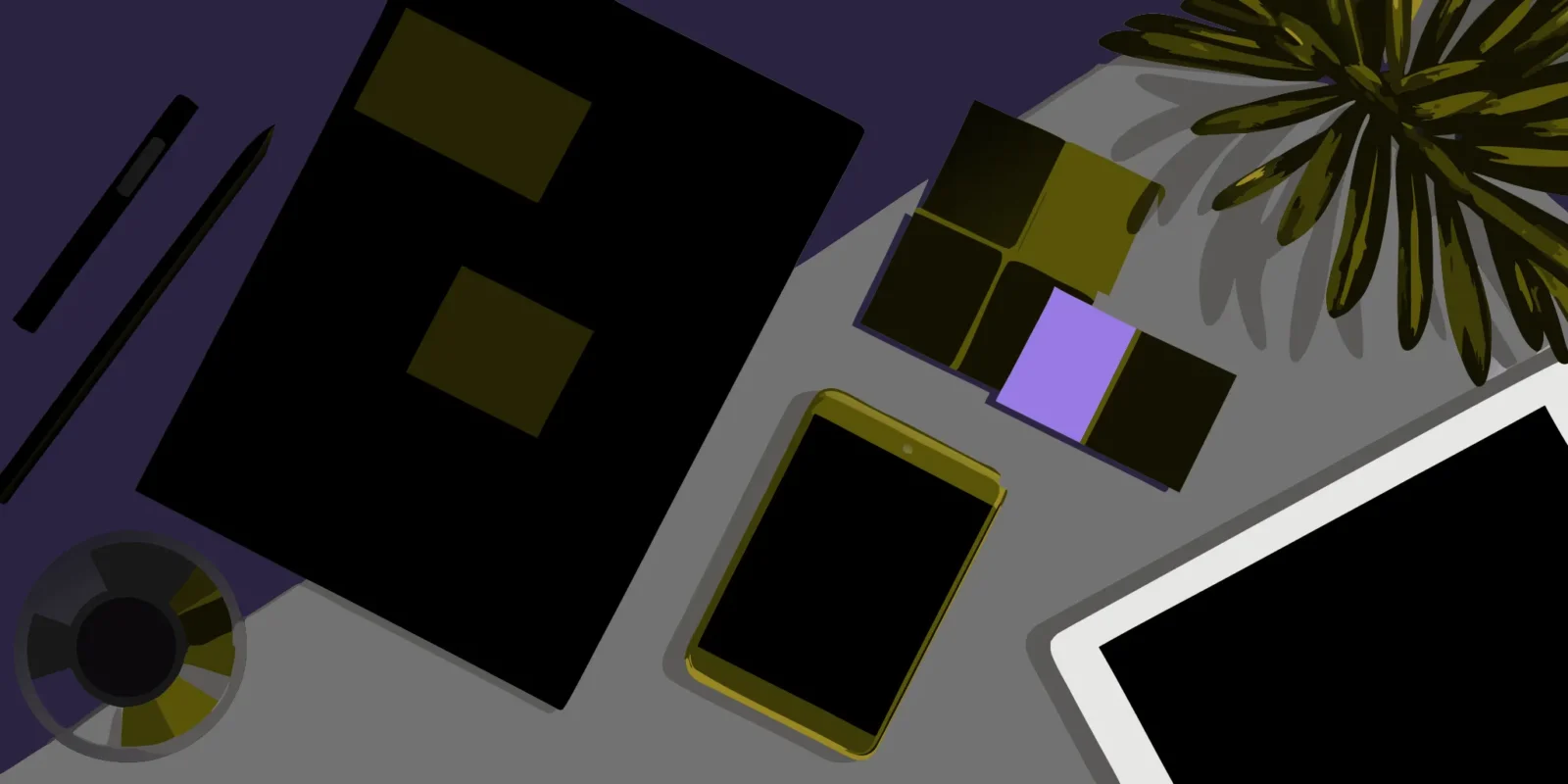 Organizing a marketing collateral checklist on a desk with a tablet and branding materials.