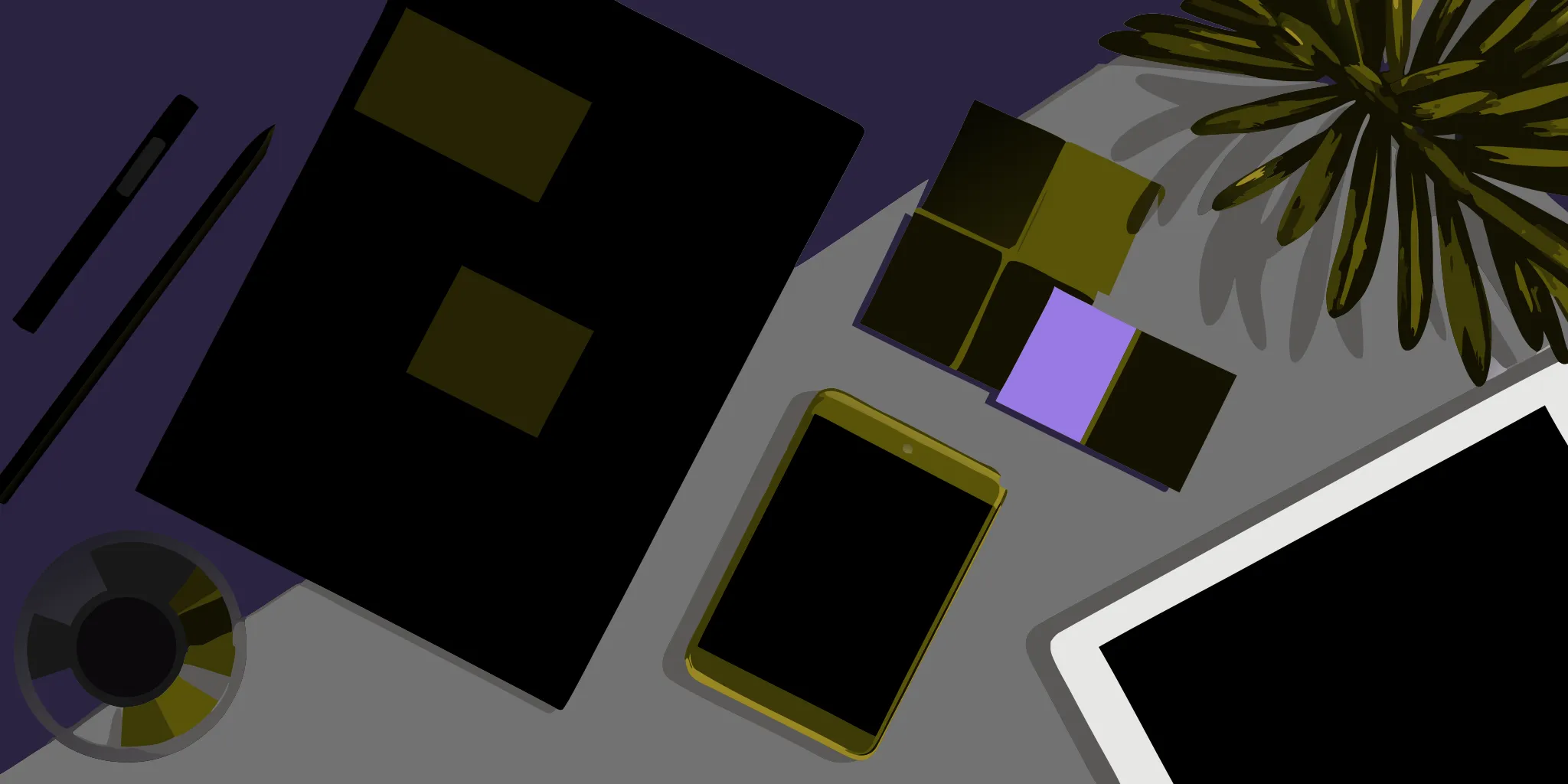 Organizing a marketing collateral checklist on a desk with a tablet and branding materials.