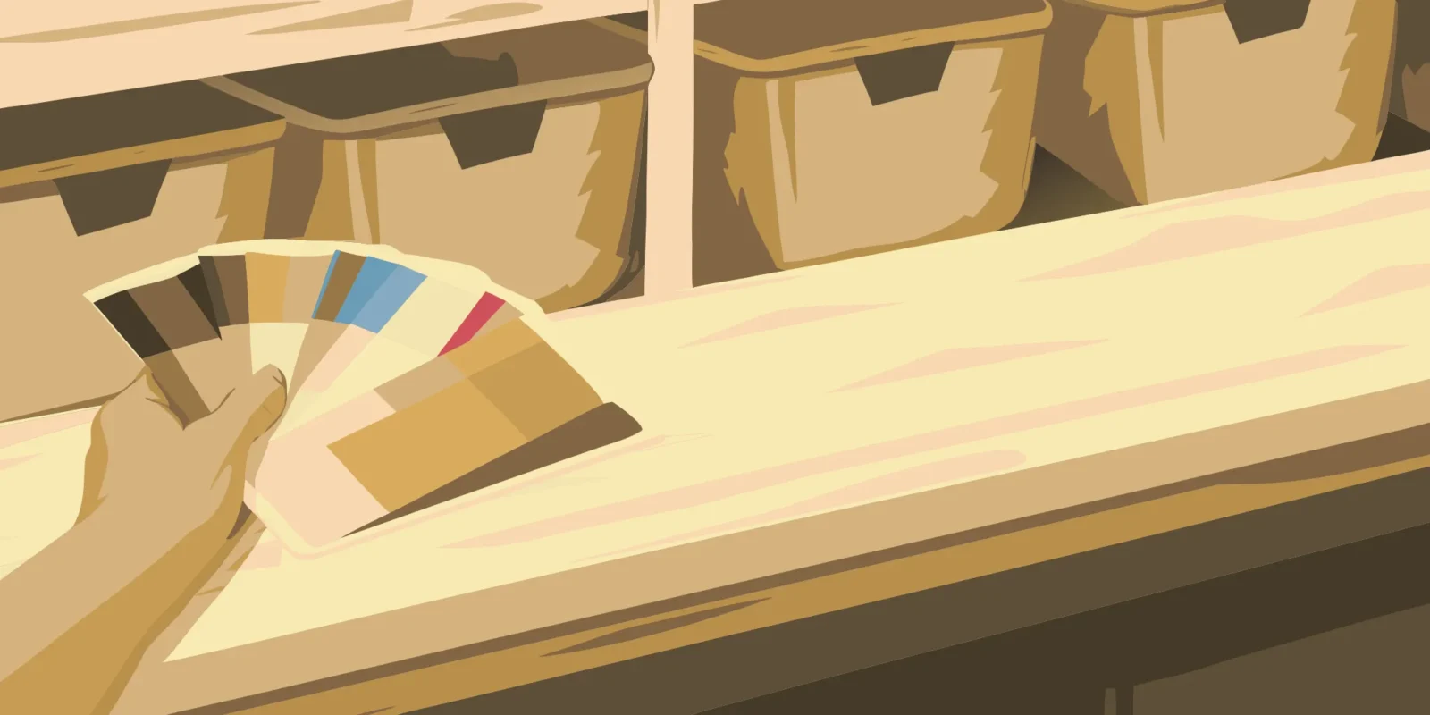 Choosing color swatches at a print shop to ensure a quality, quick print job.