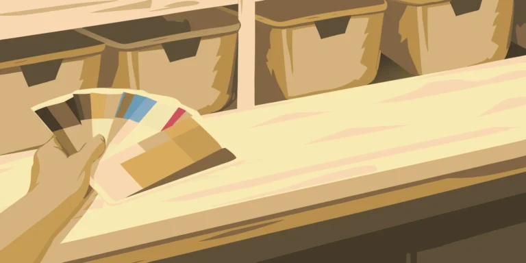 Choosing color swatches at a print shop to ensure a quality, quick print job.