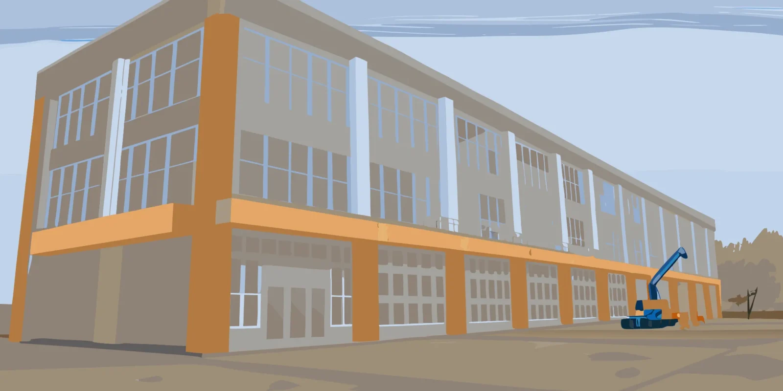 A large outdoor banner from a printing service displayed on a modern commercial building.