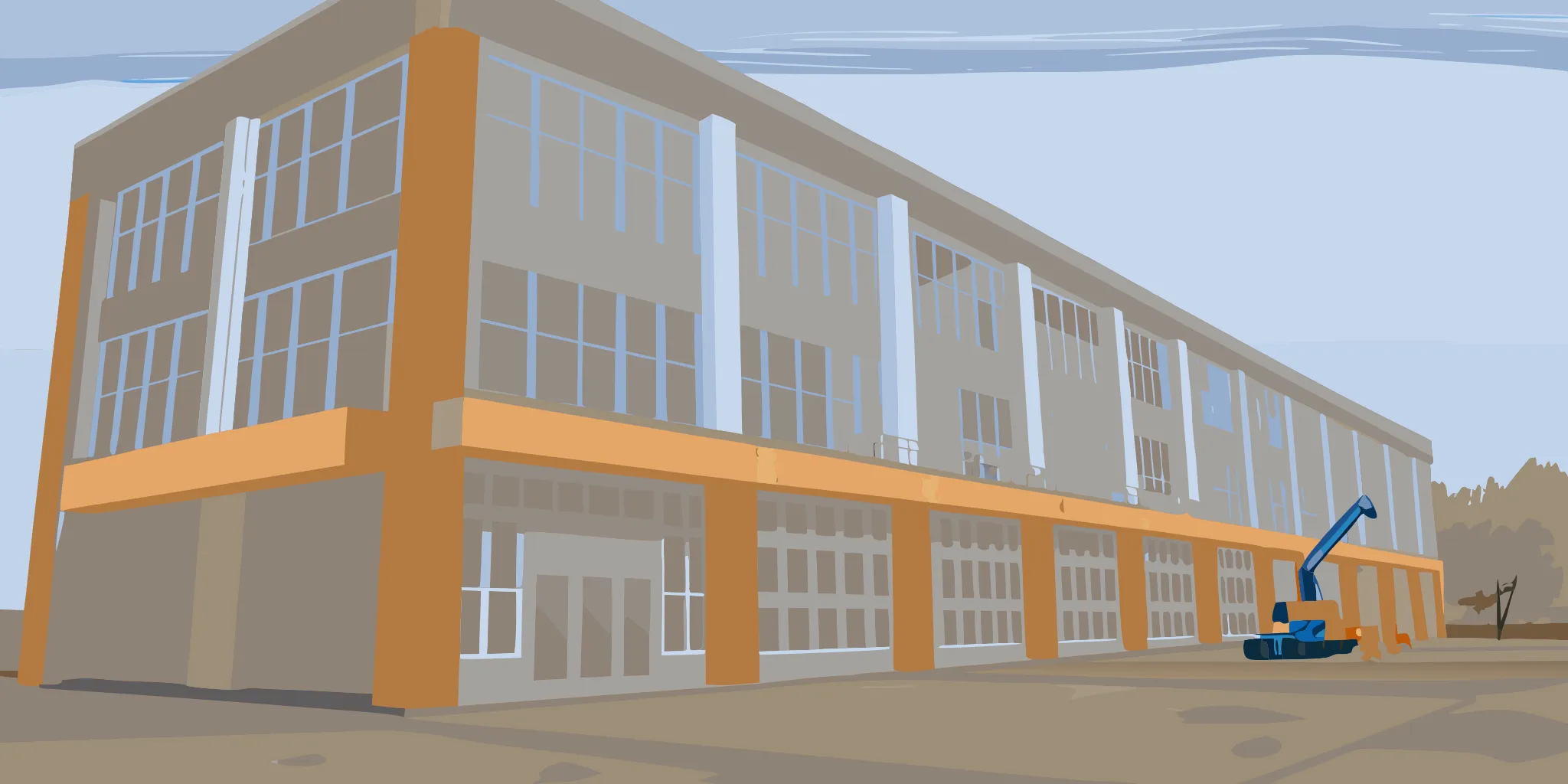 A large outdoor banner from a printing service displayed on a modern commercial building.