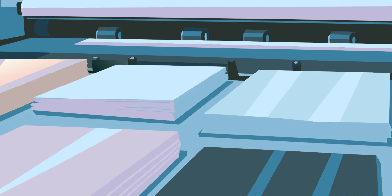 A printing machine processing a large order for bulk envelope printing services.