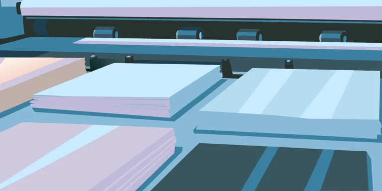 A printing machine processing a large order for bulk envelope printing services.