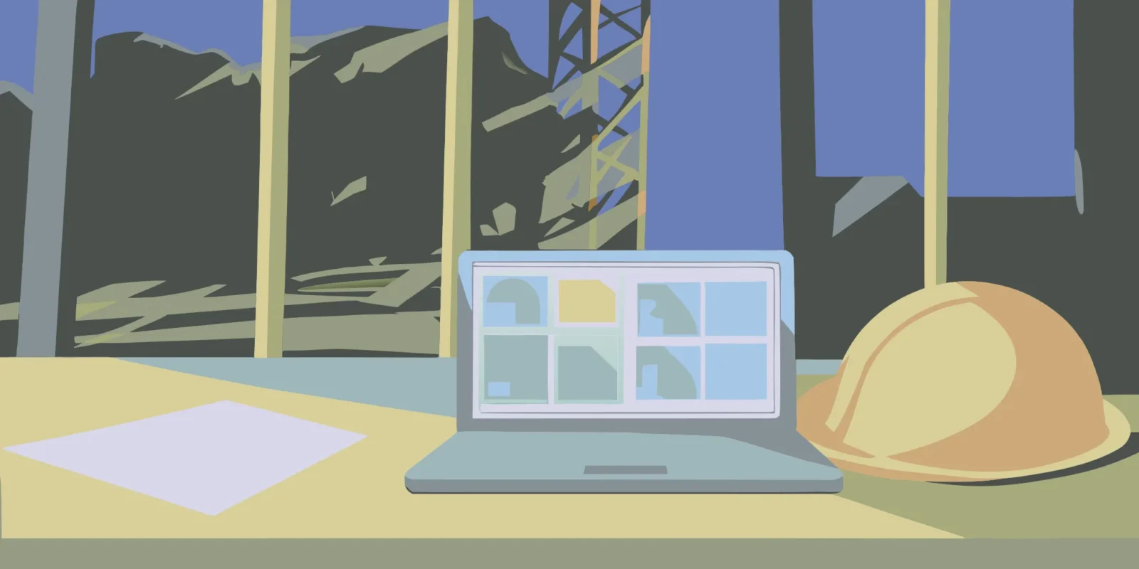 A laptop displaying a PDF of safety signs for a construction site next to a helmet.