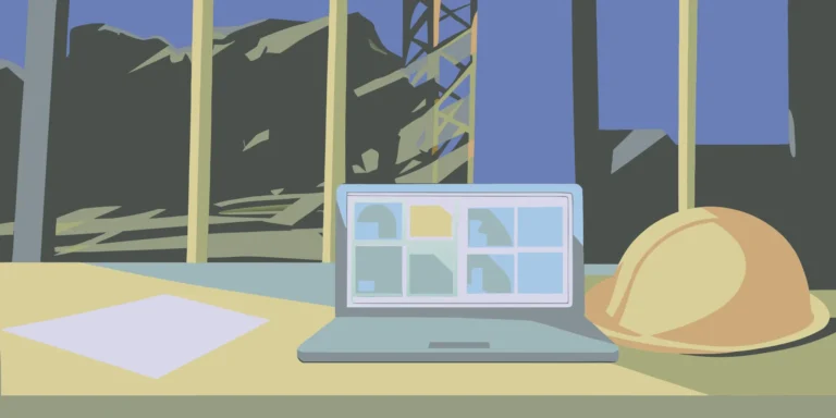 A laptop displaying a PDF of safety signs for a construction site next to a helmet.