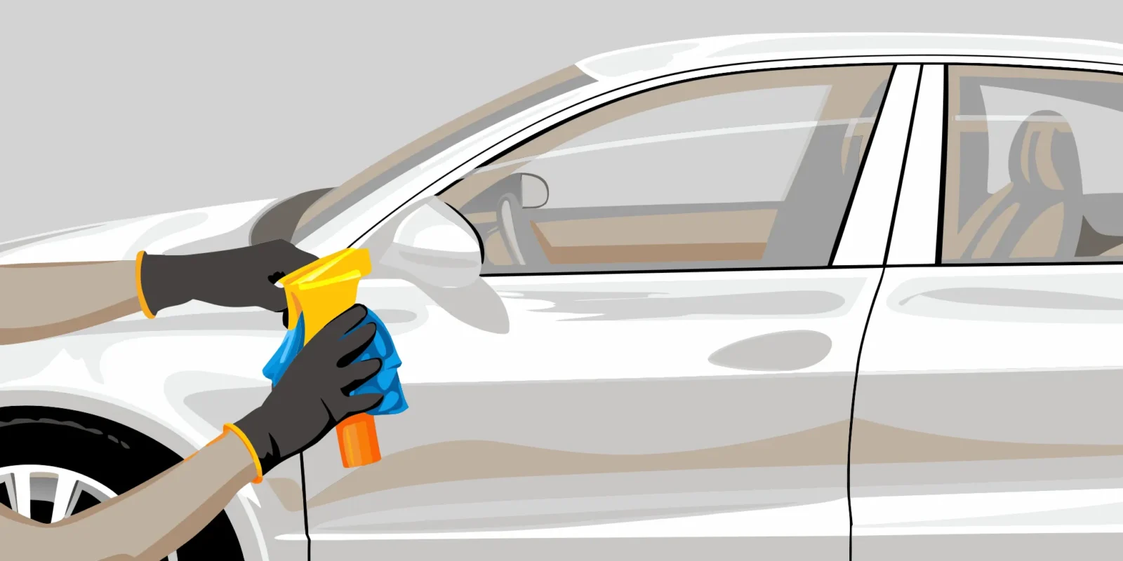 Cleaning a car door with a spray and cloth before applying a vinyl decal.