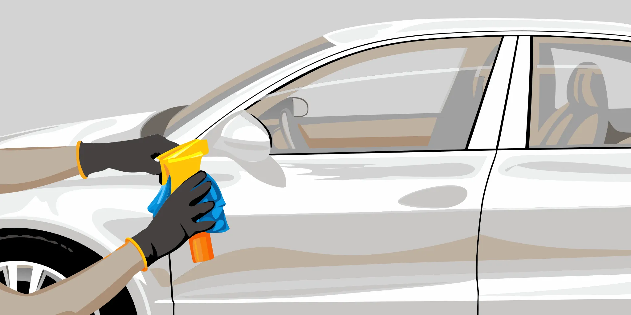 Cleaning a car door with a spray and cloth before applying a vinyl decal.