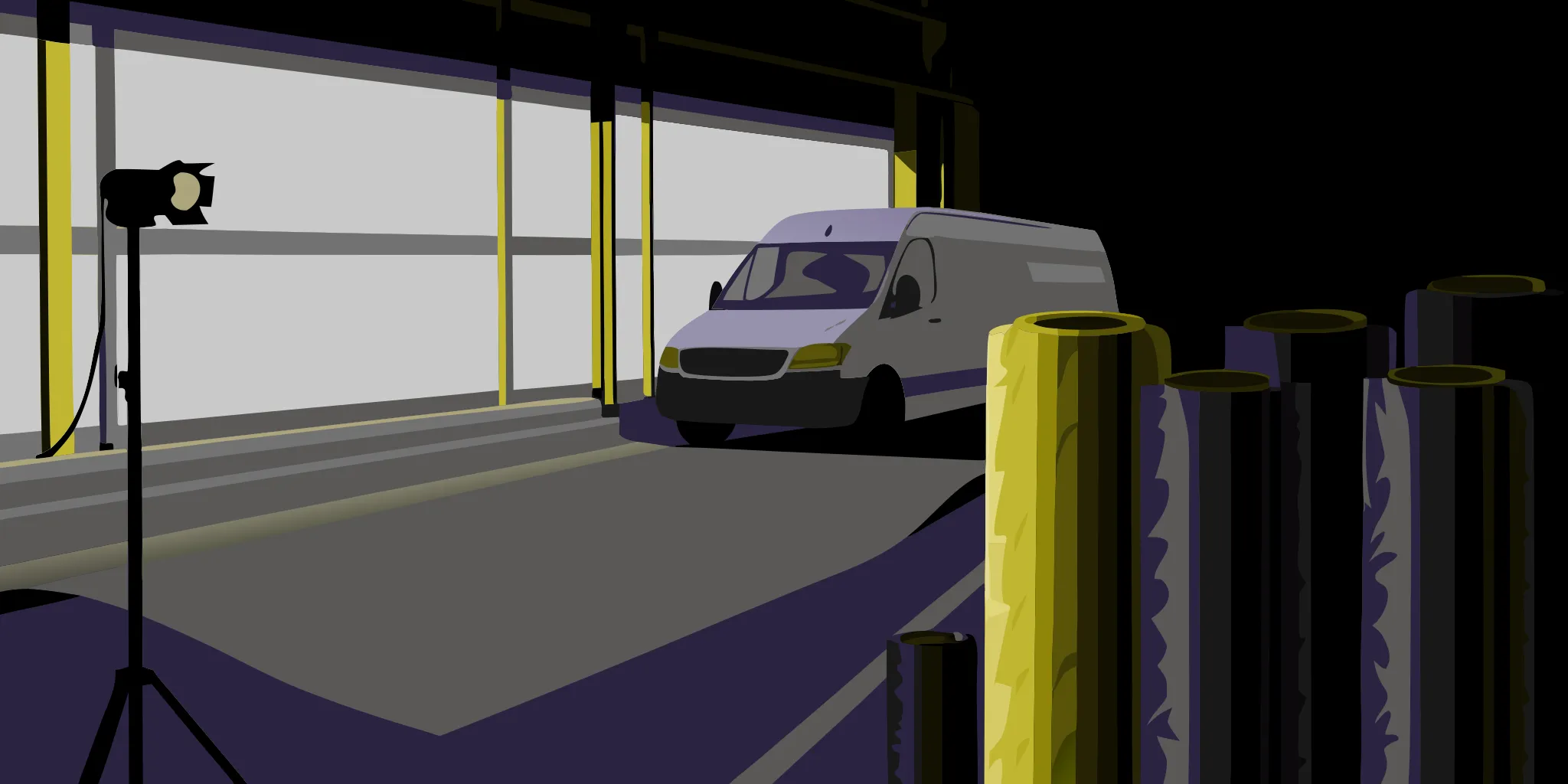 Van and vinyl wrap rolls in a garage, key inputs for a vehicle wrap pricing calculator.