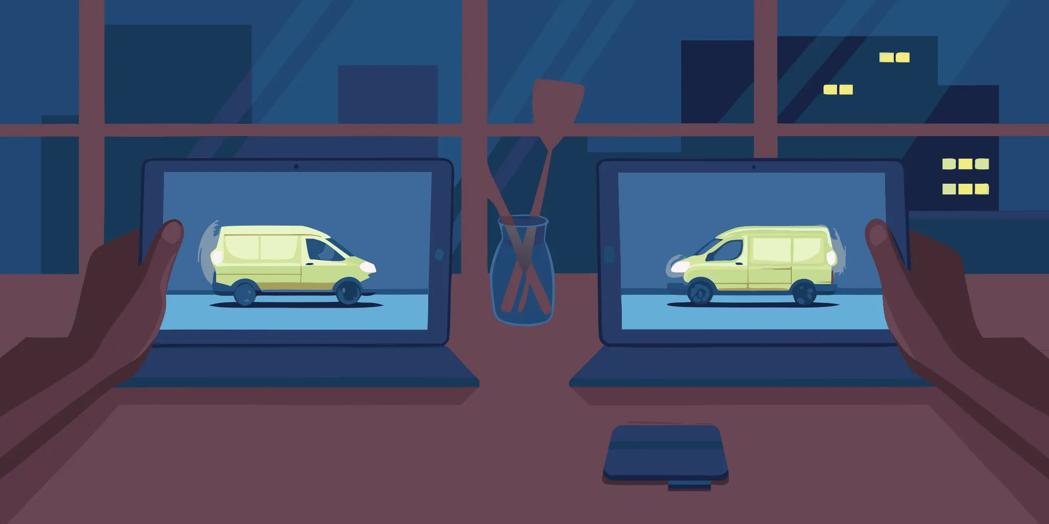 A commercial vehicle wrap cost calculator on a laptop estimates the price for a yellow van.