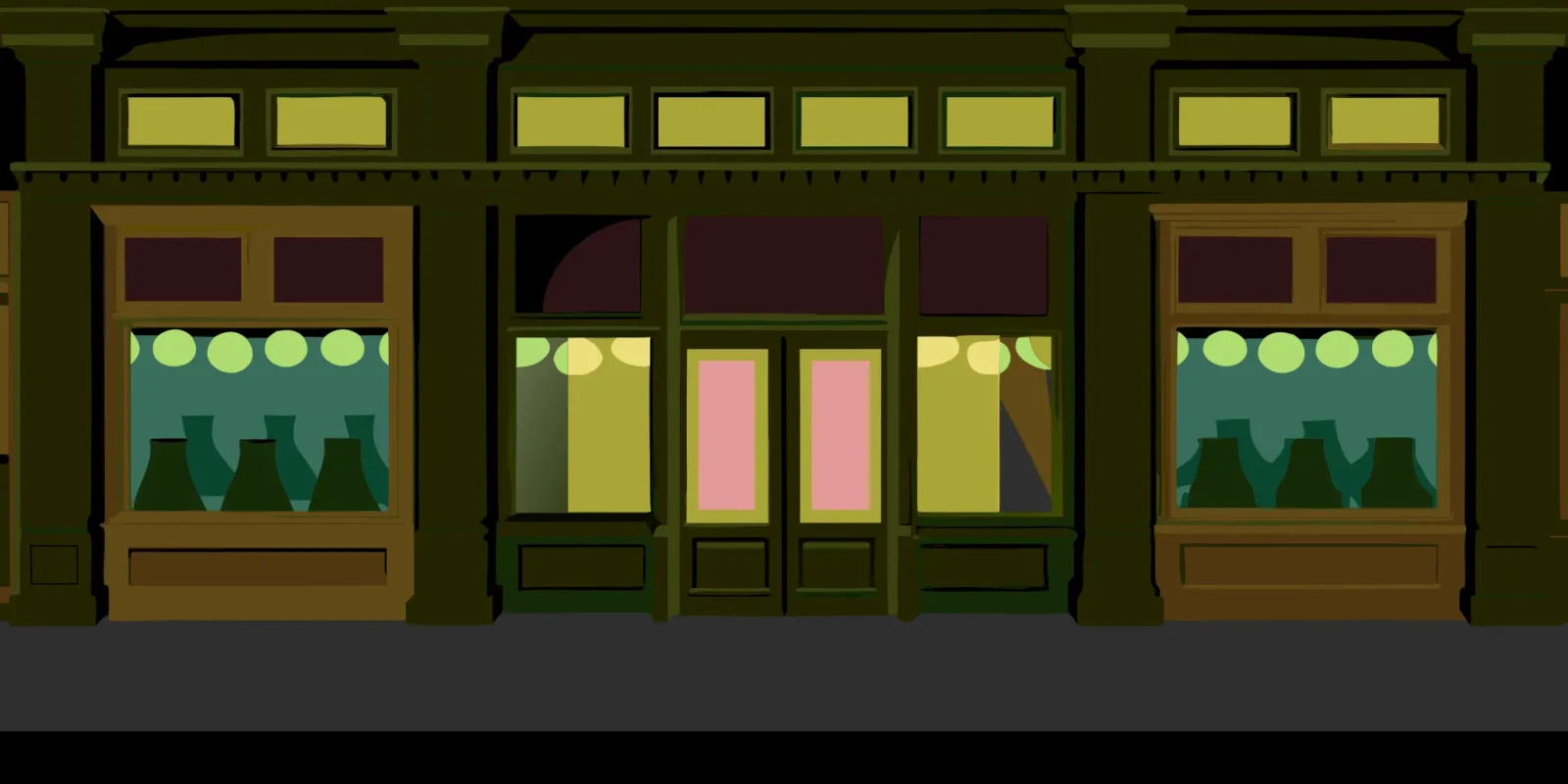 Retail storefront with colorful storefront window graphics