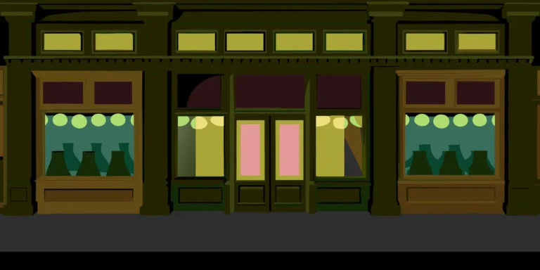 Retail storefront with colorful storefront window graphics