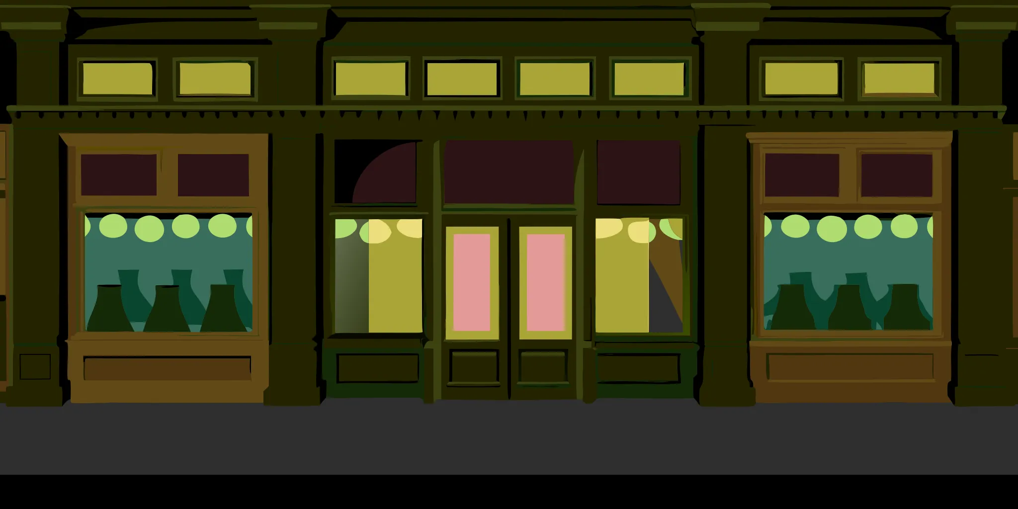 Retail storefront with colorful storefront window graphics
