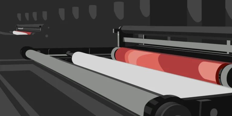 Commercial printing press with large rollers, printing schedules, professional operations, modern aesthetic, vibrant colors