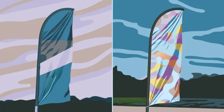 Side by side comparison of a custom rectangular flag and a tall curved feather banner in an outdoor event setting