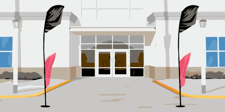 Outdoor business entrance with a custom feather flag and pole banner, illustrating the two display options for commercial visibility