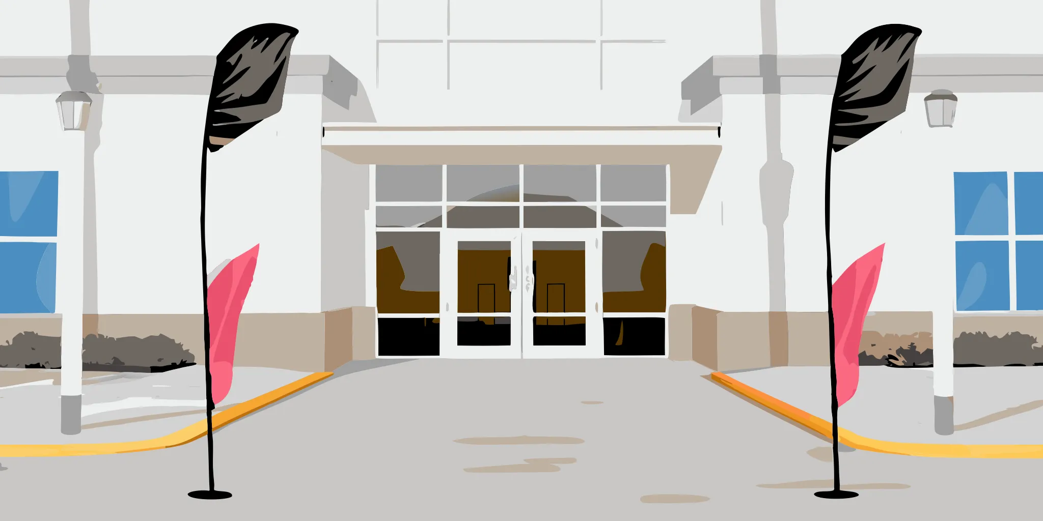 Outdoor business entrance with a custom feather flag and pole banner, illustrating the two display options for commercial visibility