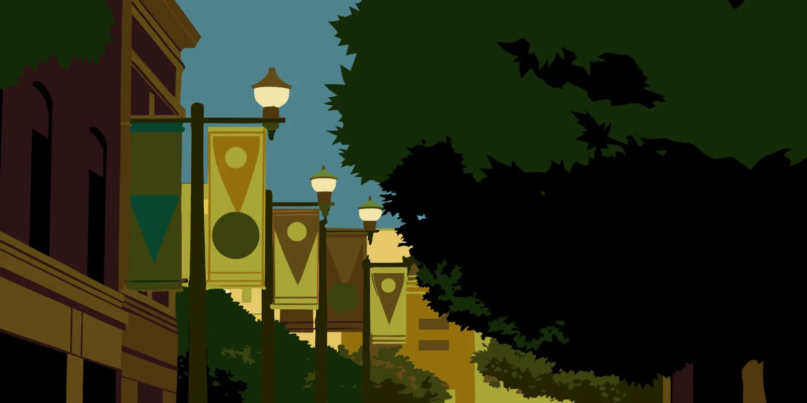 Colorful custom pole banners lining a downtown main street with pedestrian activity and clear blue sky