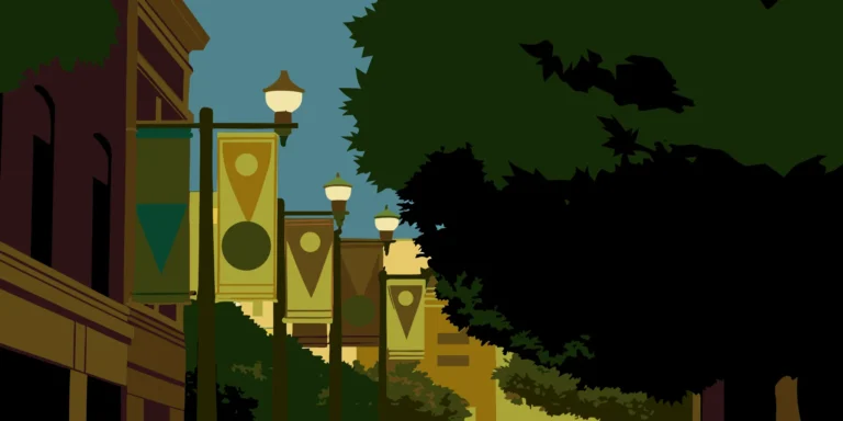 Colorful custom pole banners lining a downtown main street with pedestrian activity and clear blue sky