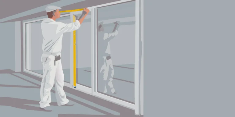 Professional installer measuring storefront window glass with tape measure for custom graphics