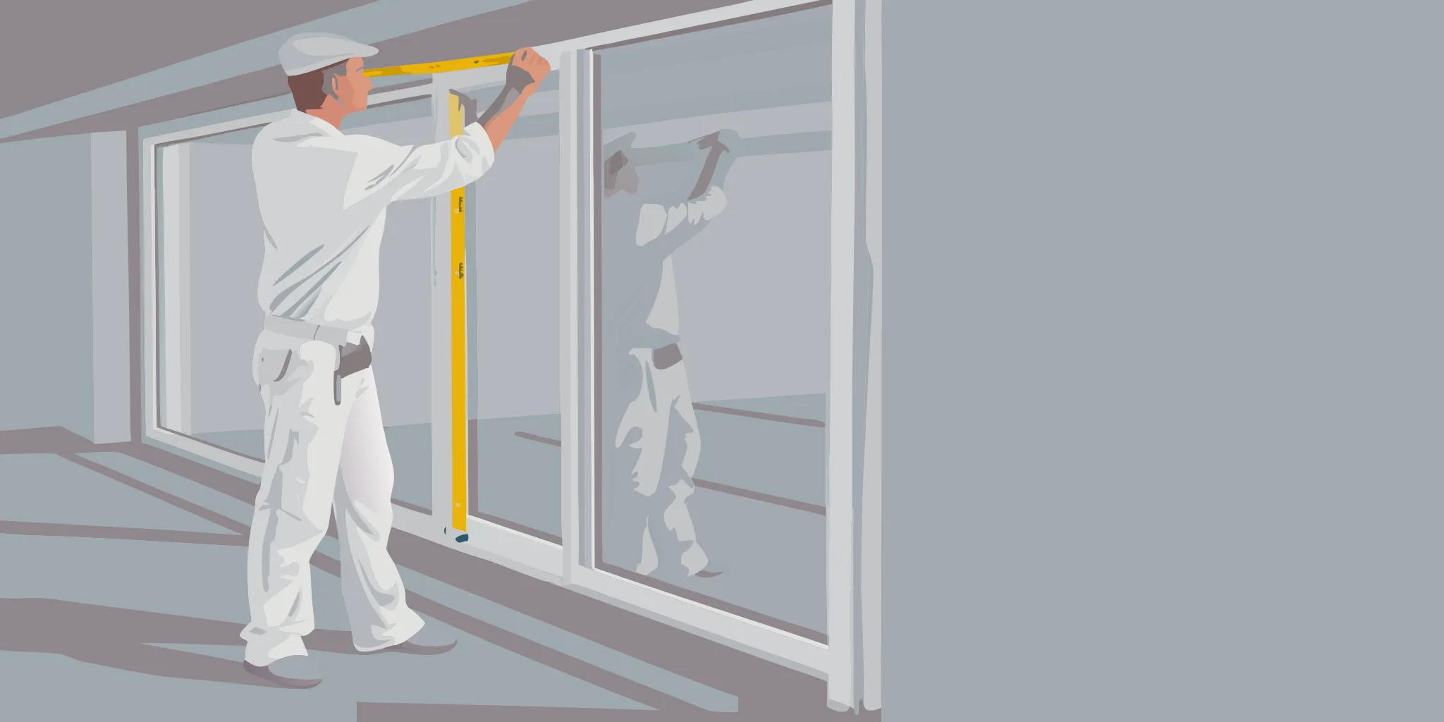 Professional installer measuring storefront window glass with tape measure for custom graphics
