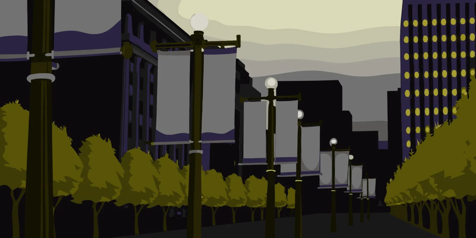 Custom printed pole banners on street light poles in downtown Portland