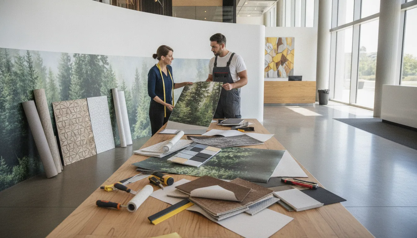 Professional interior featuring durable commercial wall mural materials and textured wall decals in a modern office