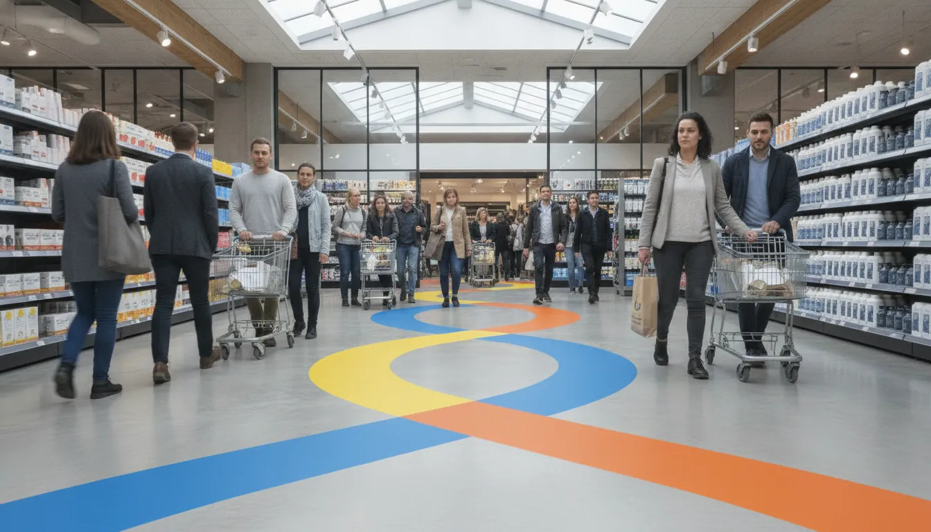Durable floor graphics guiding shoppers through a busy retail space