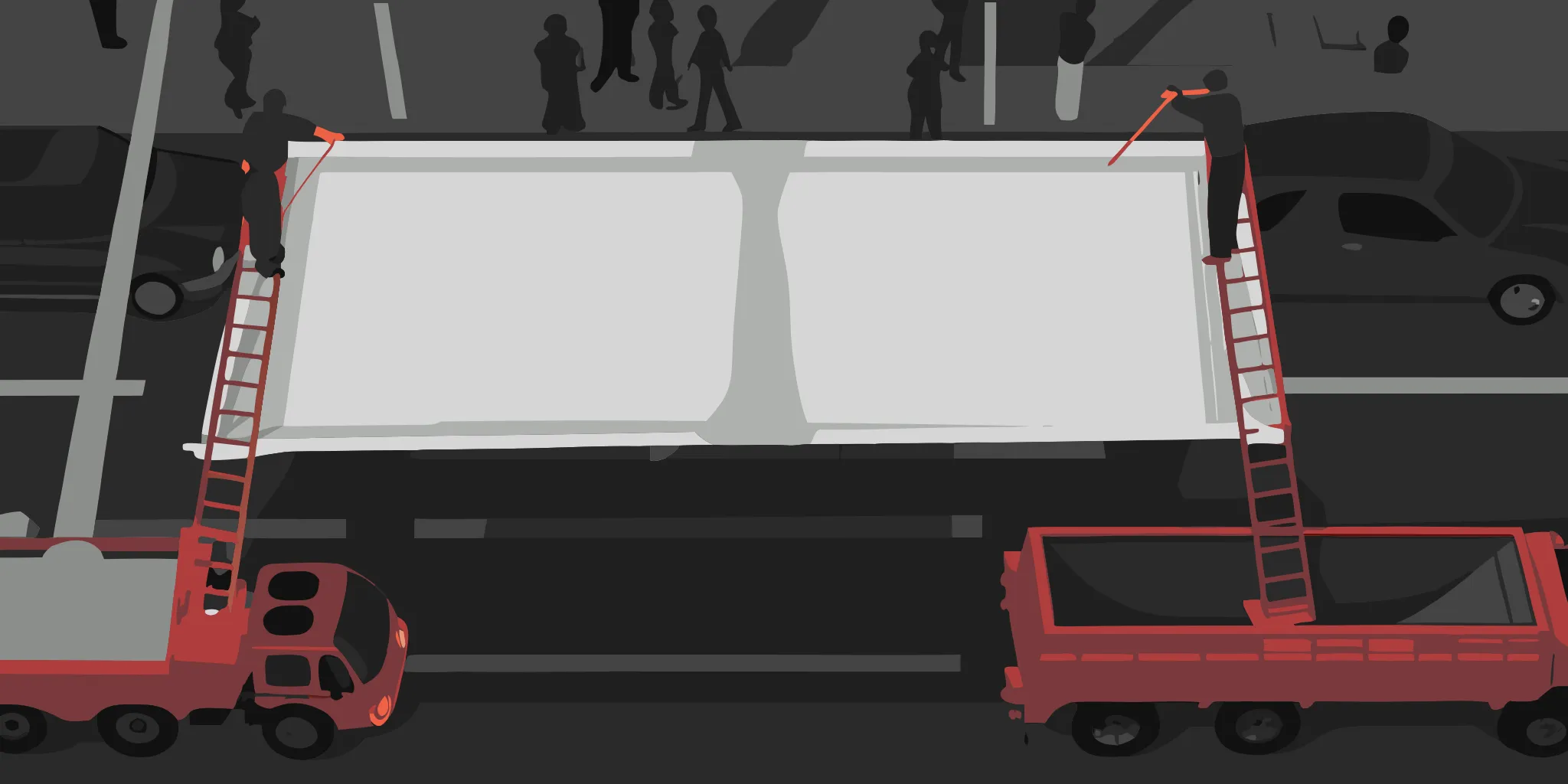 Over-the-street banner suspended across a city street with buildings in the background