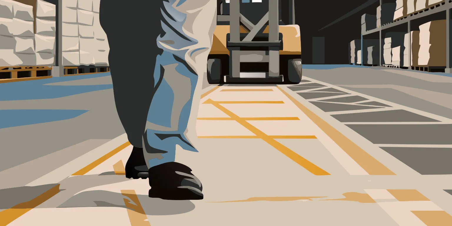 Yellow safety floor markings guide a warehouse worker through a distribution center aisle