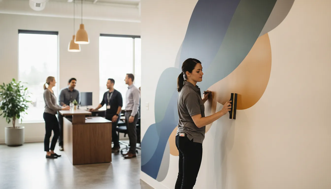 Installer applying a large abstract wall graphic in a bright commercial workplace